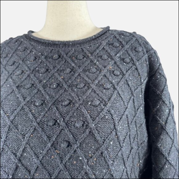 Land’s End Chunky Diamond 3D Pom Pom Rollneck Black Tweed Knit Sweater (Size 2X) - Picture 3 of 12